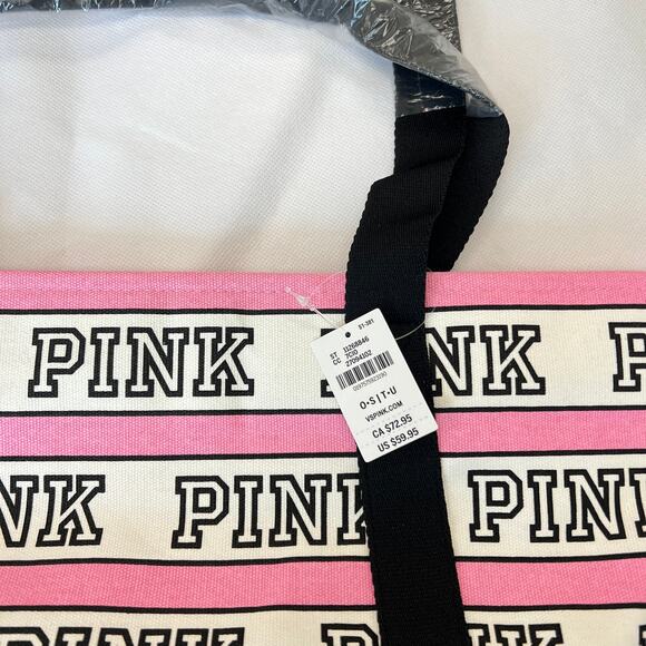 Victoria's Secret Pink Tote Weekender Bag Pink Black Logo Stripe Canvas - Picture 4 of 5